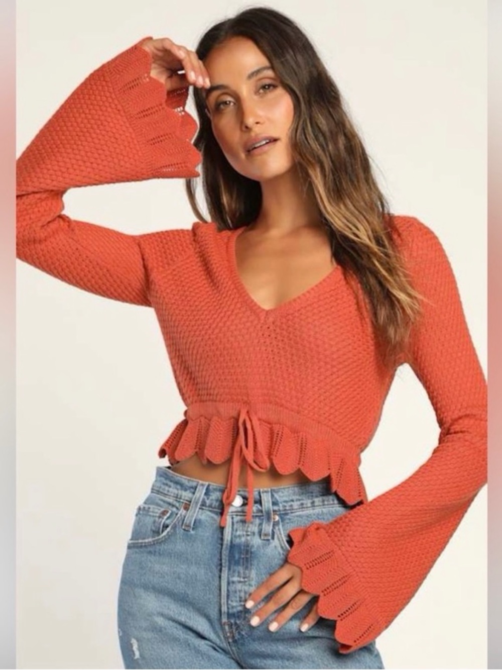 Lulu's Total Frills Rust Orange Knit Drawstring
Cropped Sweater Top M